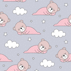 Handdoek met foto Slapende dieren patronen Knuffelende teddyberen in pastelkleuren  © Larienn