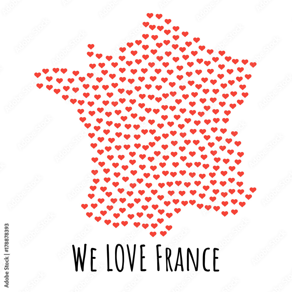 France Map with red hearts - symbol of love. abstract background