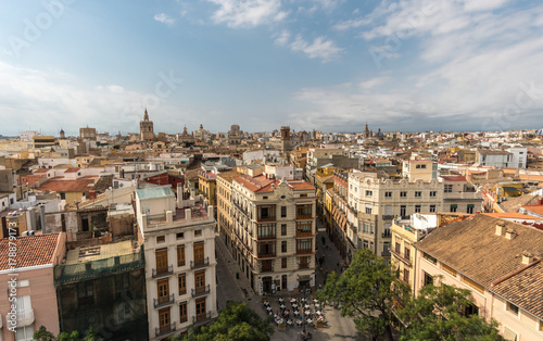 Panoramic aerial view old town of Valencia, Spain, Micalet, the belfry of the Cathedral, at background
