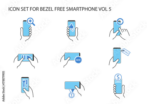 Vector icon set of hand holding frameless smartphone in different positions with app symbols for like, dislike, streaming, online banking, new, synchronization, internet search, number one ranking.