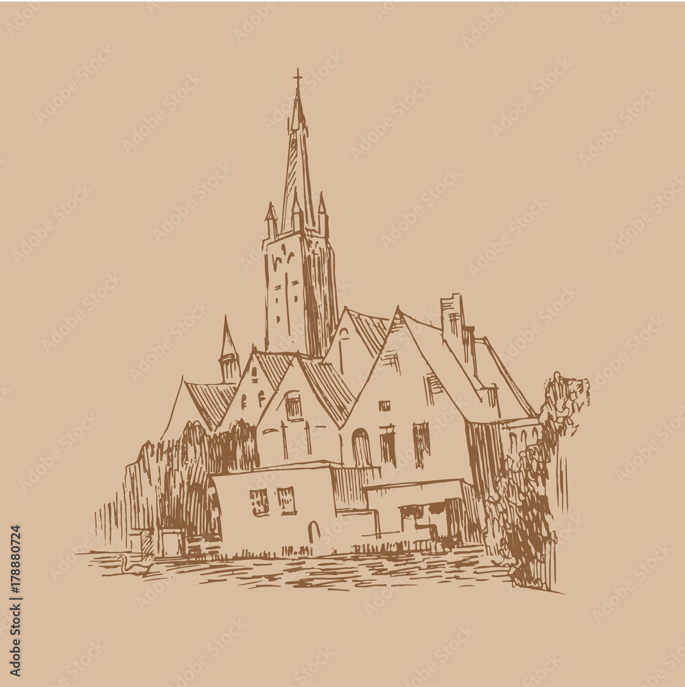 Graphic illustration of an old city. Small town. Picturesque landscapes of Bruges. Graphic sketch of Europe