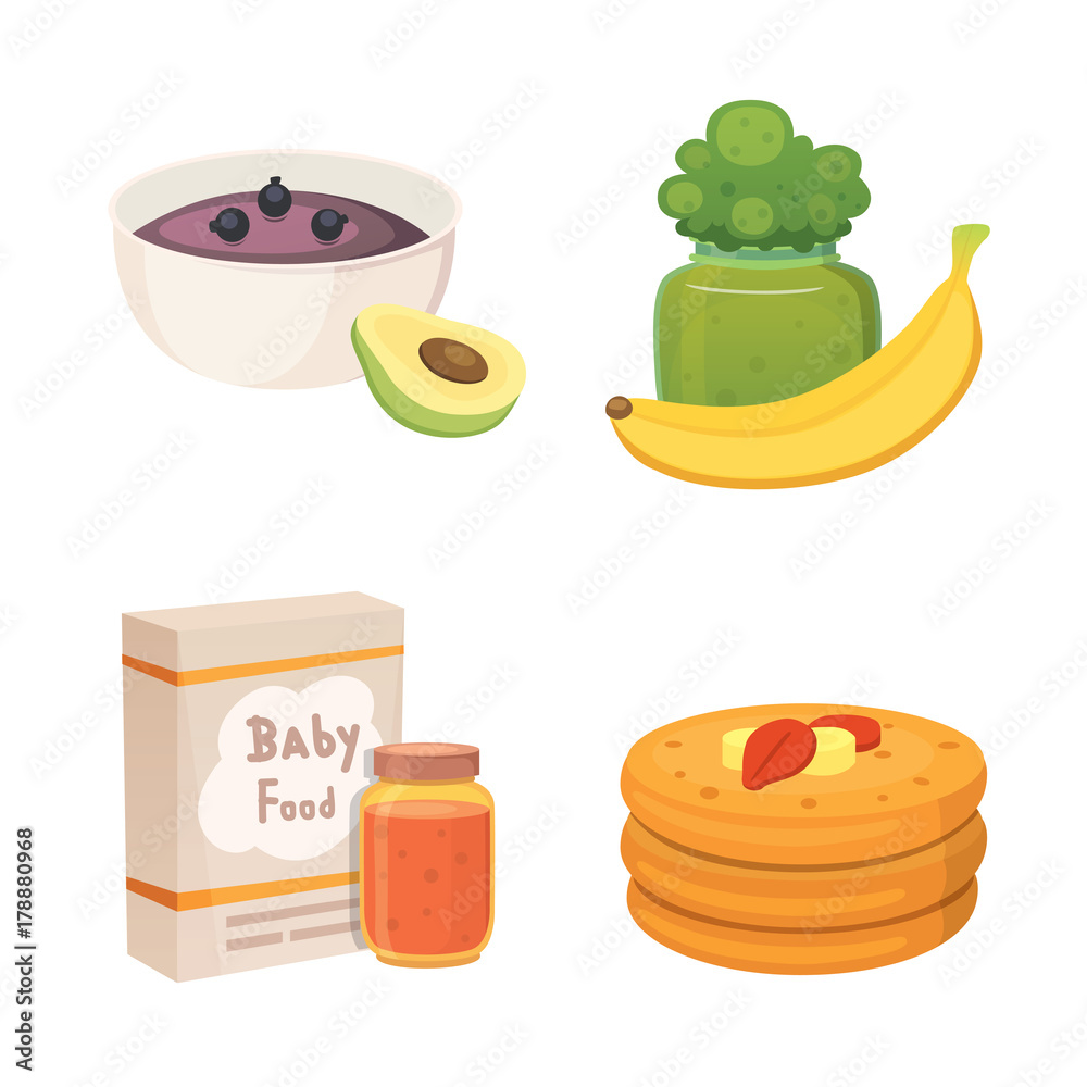 Juices and purees from green apples and broccoli for baby. food for baby cartoon products set. Juices and purees from green apples and broccoli for baby. food for baby cartoon products set.