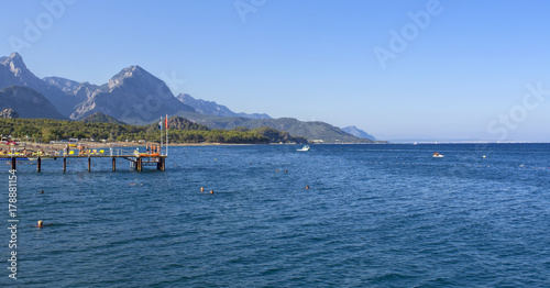 Coast of the Mediterranean Sea with a view on the mountains. Kemer, Turkey