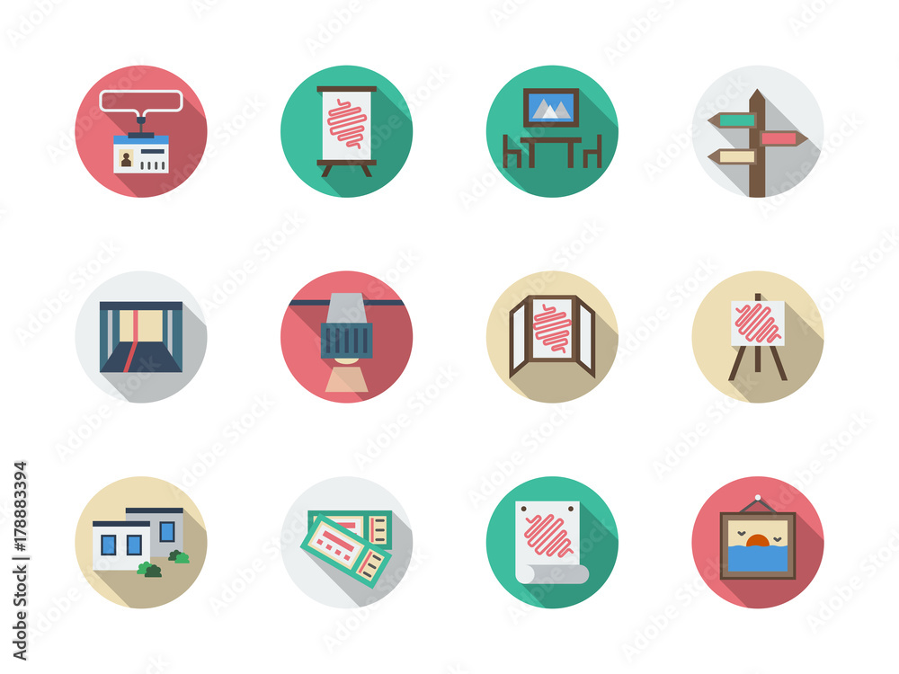 Product showrooms round color vector icons set