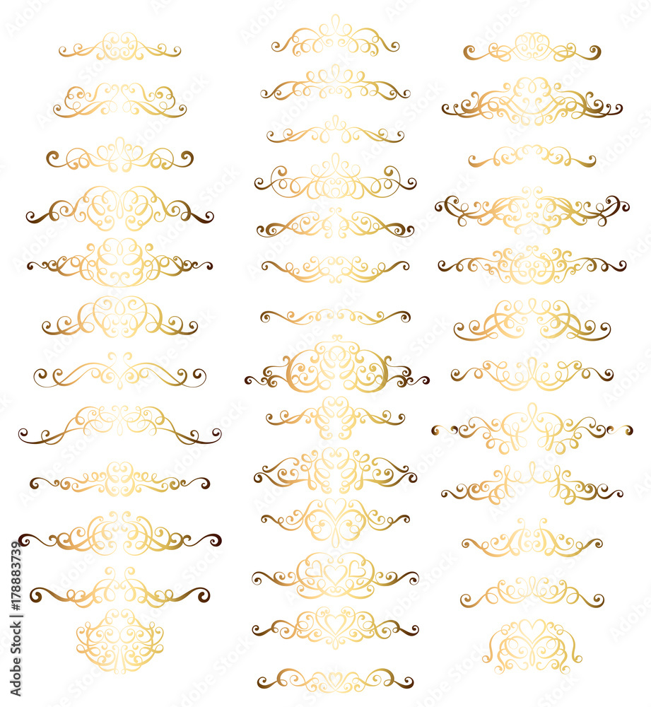 Collection of vintage calligraphic flourishes, curls and swirls decoration for greeting cards,books or dividers. Gold set for decoration and design