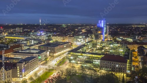Hannover cityscape at evening. Timelapse.