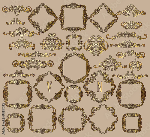 Big set of gold vintage styled calligraphic frames and flourishes, complex and exquisite decoration for invitation or greeting card