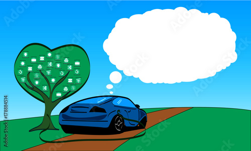Coche eléctrico y ecológico cargando en un árbol tecnológico con fondo para texto aquí
