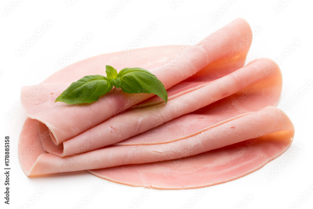 Sliced boiled ham sausage isolated on white background, top view.