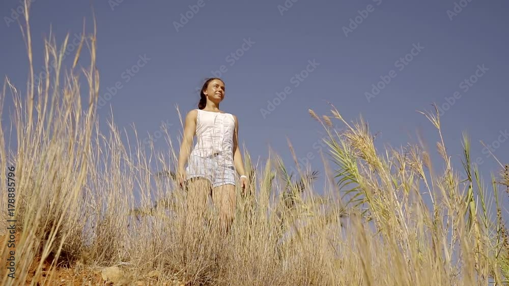 young slim brunette is standing in a field with high dried grass in sunny day, sky is on background young slim brunette is standing in a field with high dried grass in sunny day, sky is on background