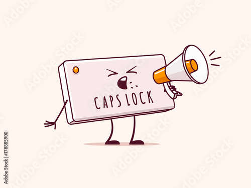 Caps lock key cartoon character yelling at bullhorn which is holding in hand vector illustration
