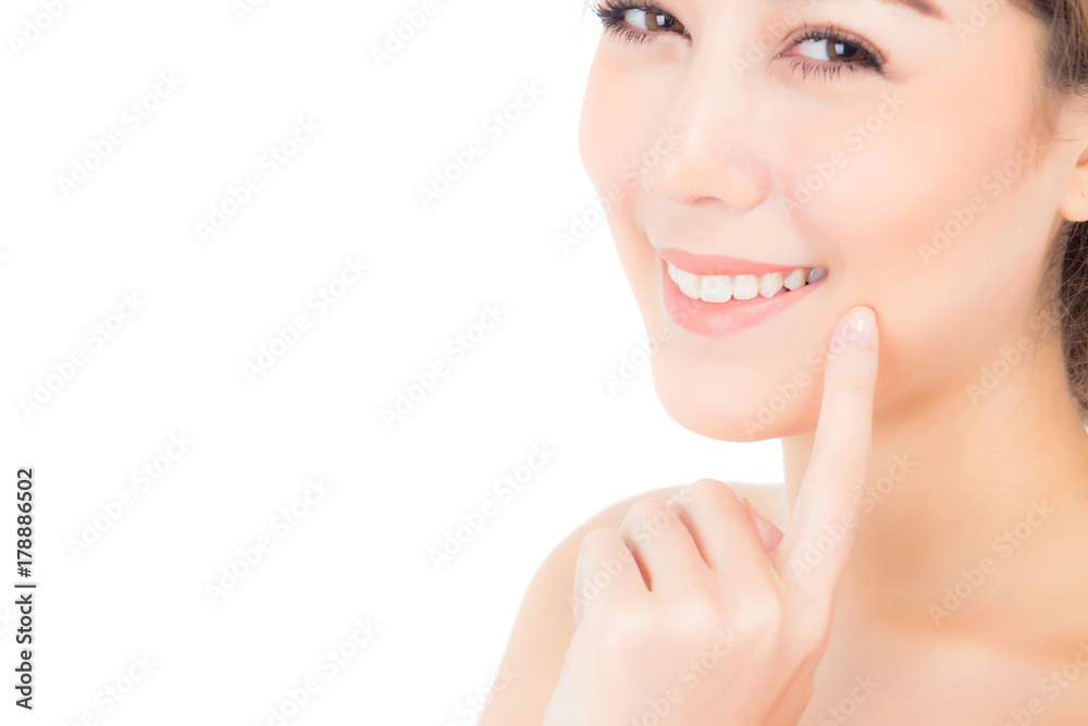 Portrait of beautiful asian woman makeup of cosmetic, girl hand touch cheek and smile attractive, face of beauty perfect with wellness isolated on white background with skin healthcare concept. Portrait of beautiful asian woman makeup of cosmetic, girl hand touch cheek and smile attractive, face of beauty perfect with wellness isolated on white background with skin healthcare concept.