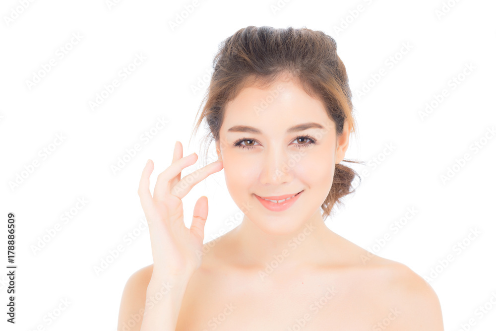 Portrait of beautiful asian woman makeup of cosmetic, girl hand touch cheek and smile attractive, face of beauty perfect with wellness isolated on white background with skin healthcare concept. Portrait of beautiful asian woman makeup of cosmetic, girl hand touch cheek and smile attractive, face of beauty perfect with wellness isolated on white background with skin healthcare concept.