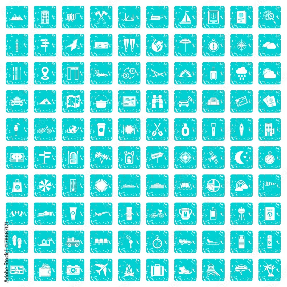100 tourist trip icons set grunge blue 100 tourist trip icons set grunge blue
