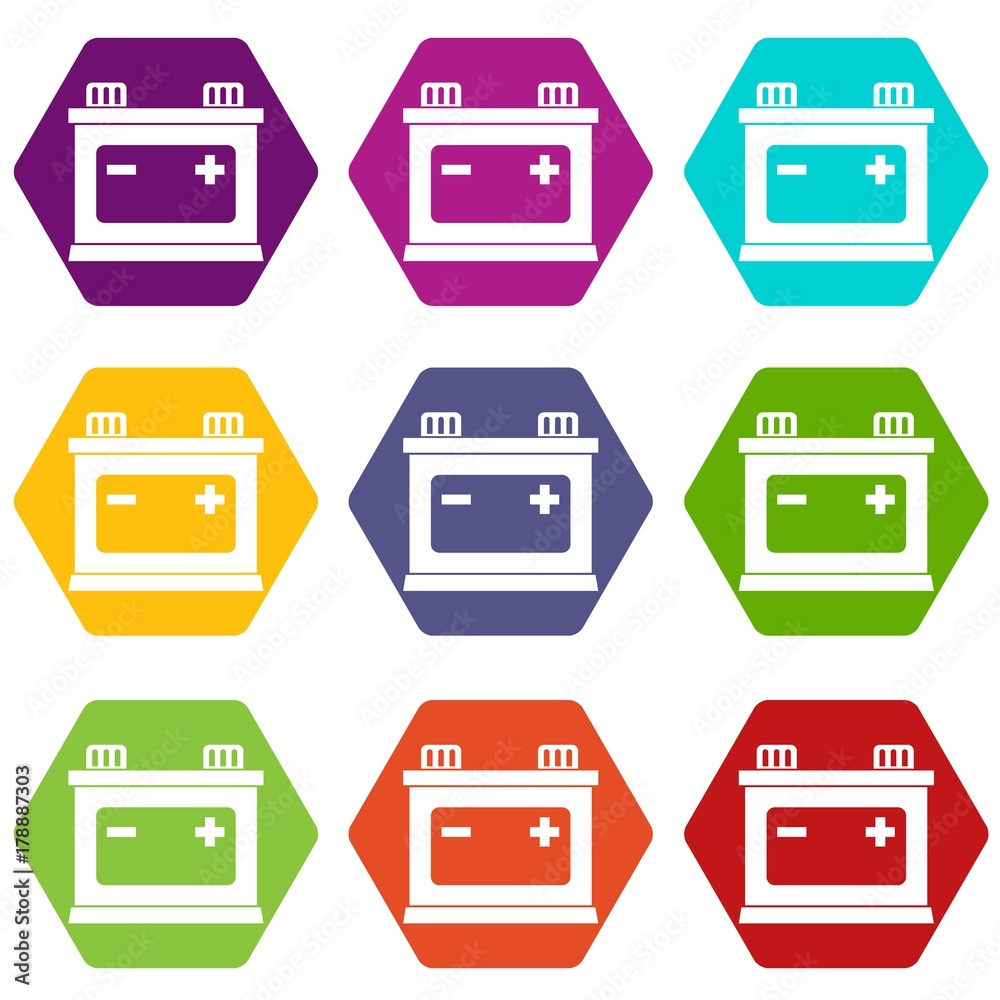 Car battery icon set color hexahedron
