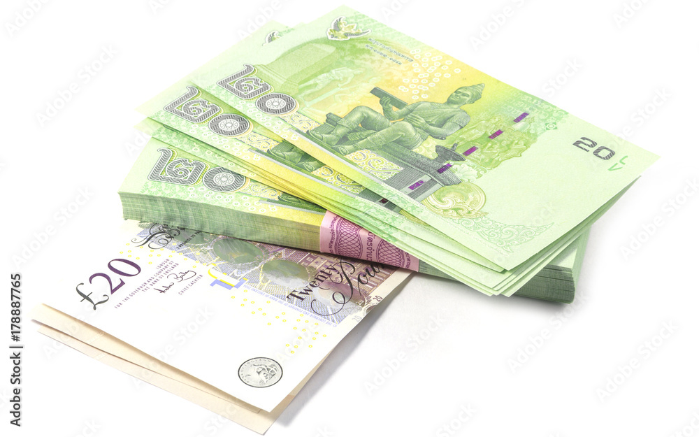 United Kingdom Twenty Pound Notes and Thailand Twenty Baht Banknote. United Kingdom Twenty Pound Notes and Thailand Twenty Baht Banknote.
