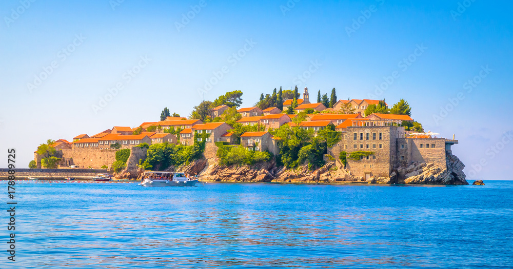  Sveti Stefan, old historical town and resort on the island. Montenegro.