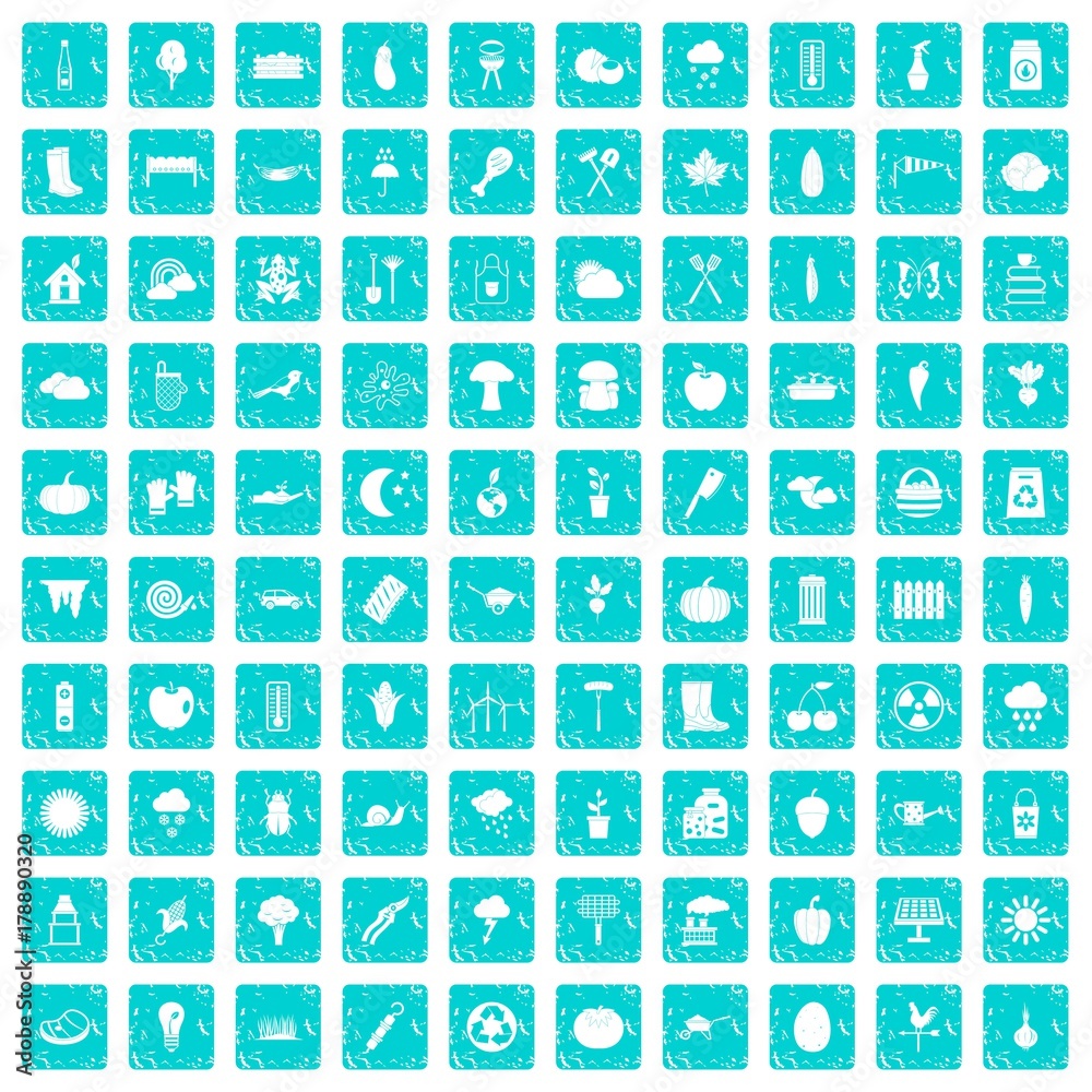 100 vegetables icons set grunge blue 100 vegetables icons set grunge blue