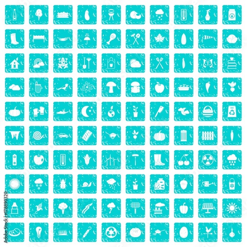 100 vegetables icons set grunge blue