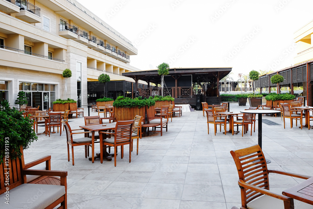 Outdoor cafe with chairs and tables