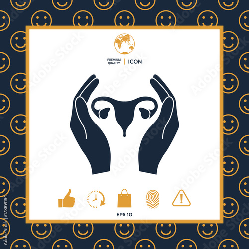 Hands holding Female uterus - protection icon