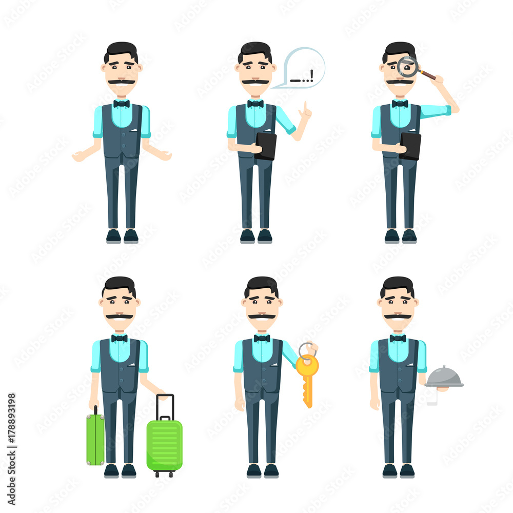 service staff of the hotel and restaurant, cartoon character man with a mustache