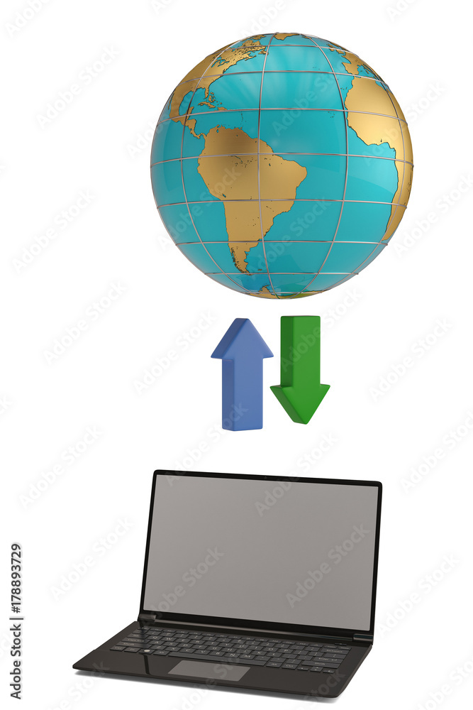 Cloud storage concept globe and laptop on white background.3D illustration. Cloud storage concept globe and laptop on white background.3D illustration.