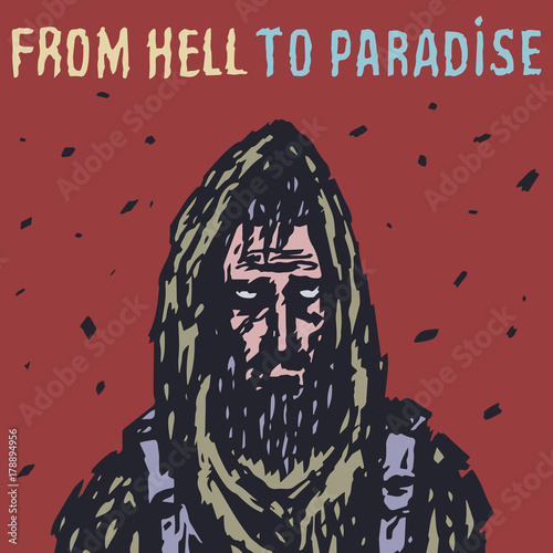 Lonely traveler during zombie apocalypse. Vector illustration.