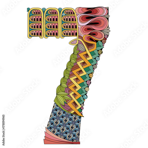 Number seven Zentangle. Vector decorative object