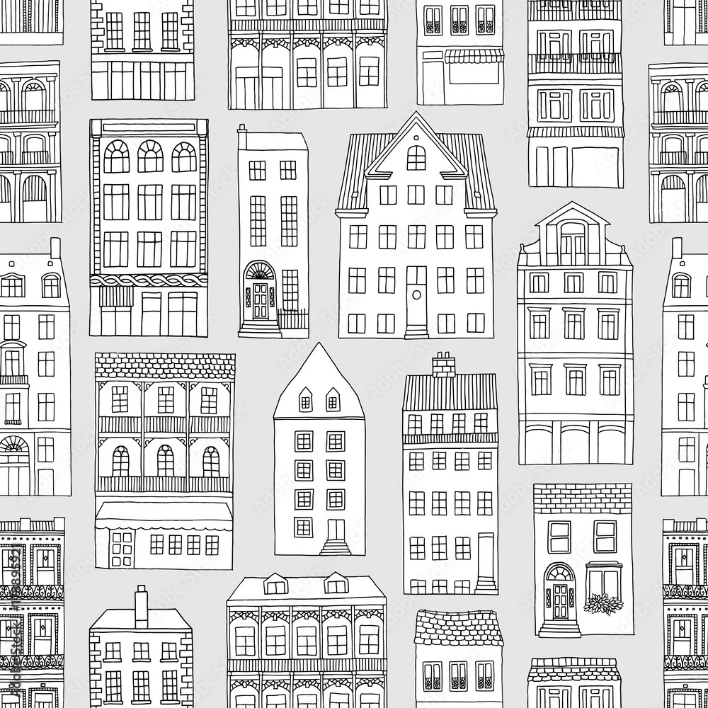 Seamless pattern with little hand drawn houses, black and white