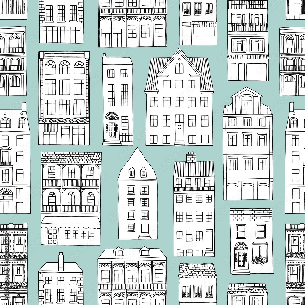 Seamless pattern with little hand drawn houses, blue background