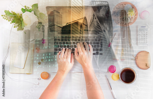 Feminine workspace, top view photo