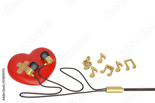 Red heart with earphone and notes 3d illustration.