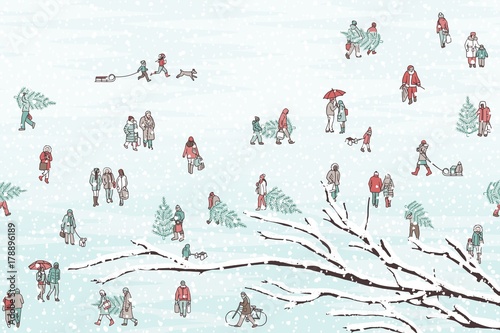 Hand drawn illustration of tiny pedestrians walking in winter through the city: small people wearing warm winter coats and carrying Christmas trees