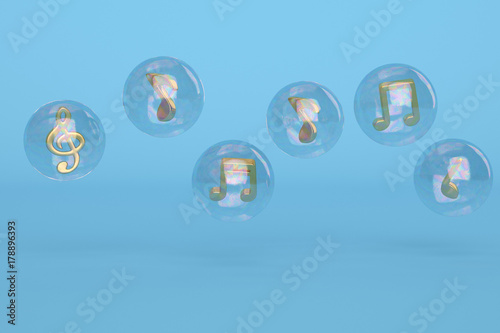 Golden notes in the bubble 3d illustration. © Holmessu