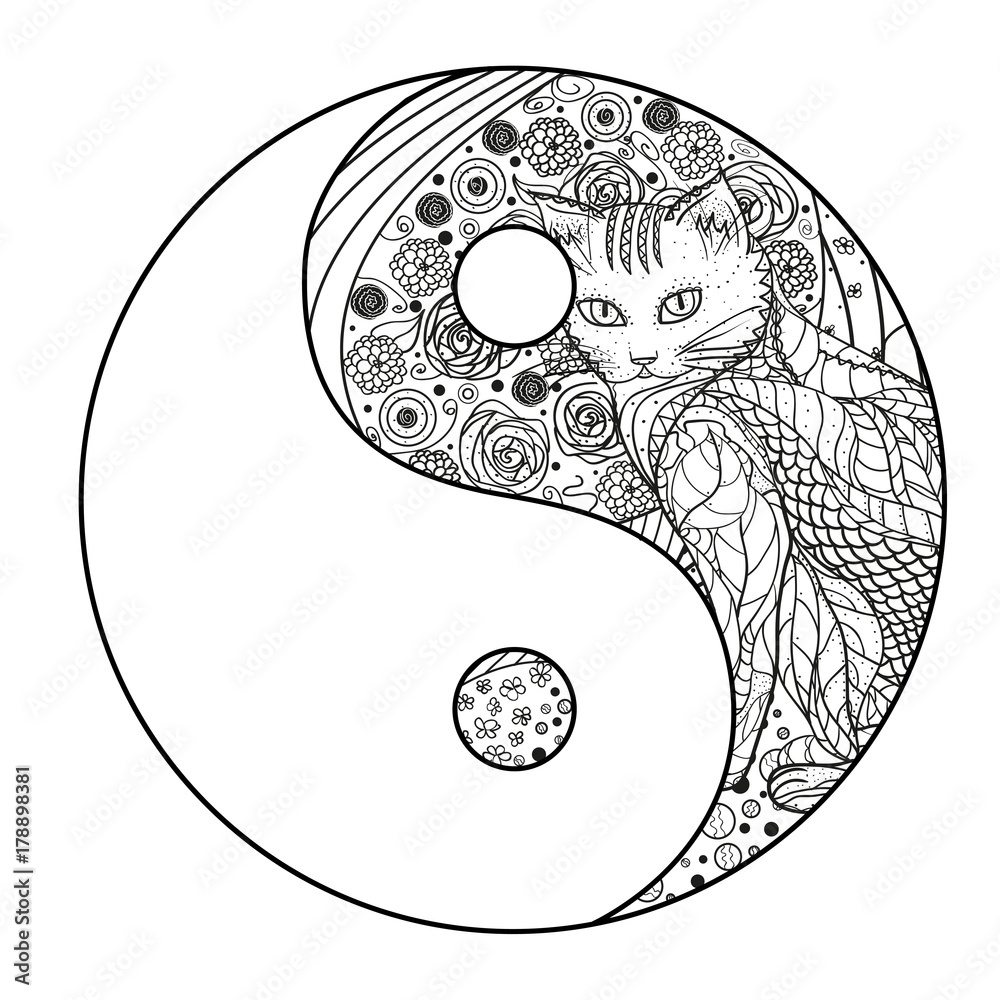 Obraz premium Cat. Yin and Yang. Zentangle. Hand drawn mandala with cat on isolation background. Design for spiritual relaxation for adults. Line art creation. Black and white illustration for coloring. Zen art
