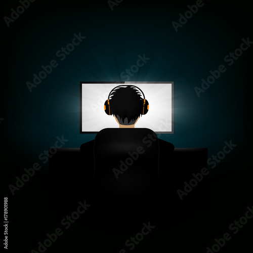 Rear view of man working at the computer wearing headphones vector illustration