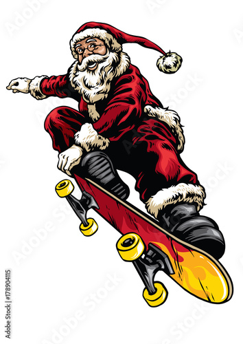 Hand drawing style of santa claus riding skateboard