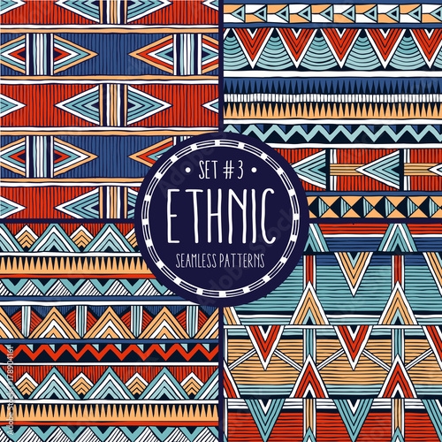 Multicolo ethnic backgrounds collection. Set of 4 modern abstract seamless backgrounds. All patterns are available under the clipping mask. EPS10 vector illustration.