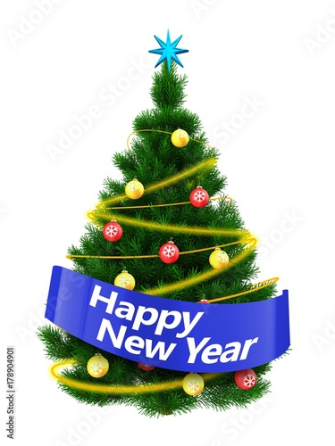 3d dark green Christmas tree with happy new year sign photo