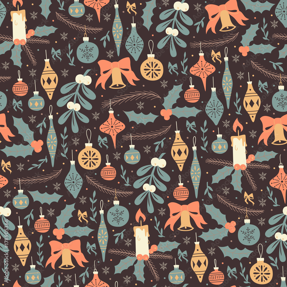 Hand Drawn Seamless Pattern with Christmas Elements.