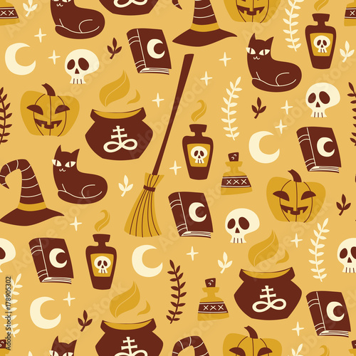 Halloween Seamless Pattern with Pumpkin, Cat, Skull and etc.