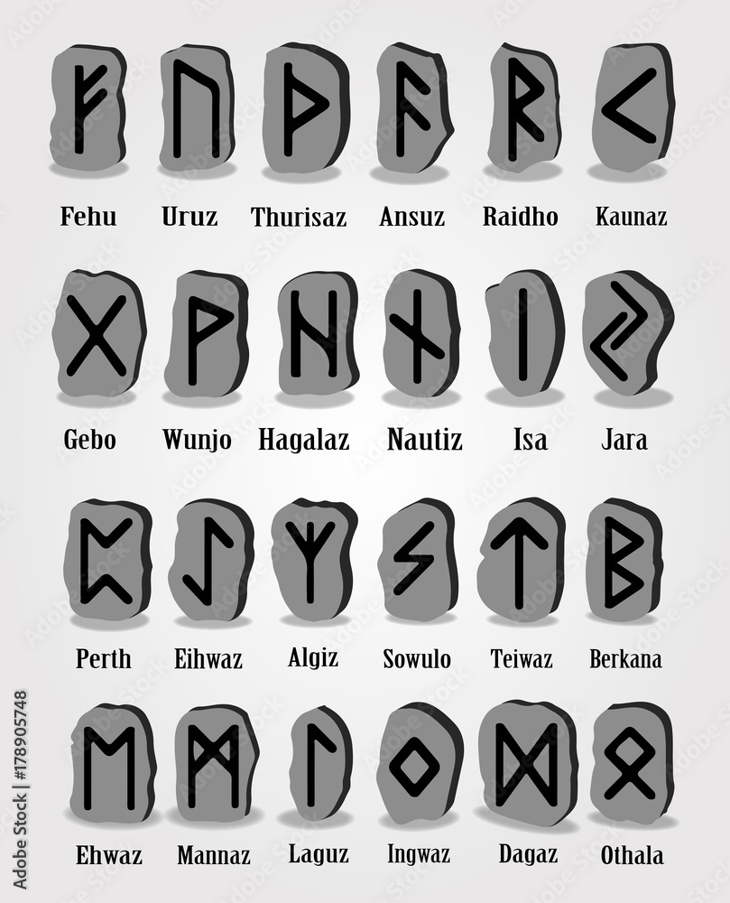 Set of old norse scandinavian runes carved in stone. Runic alphabet ...