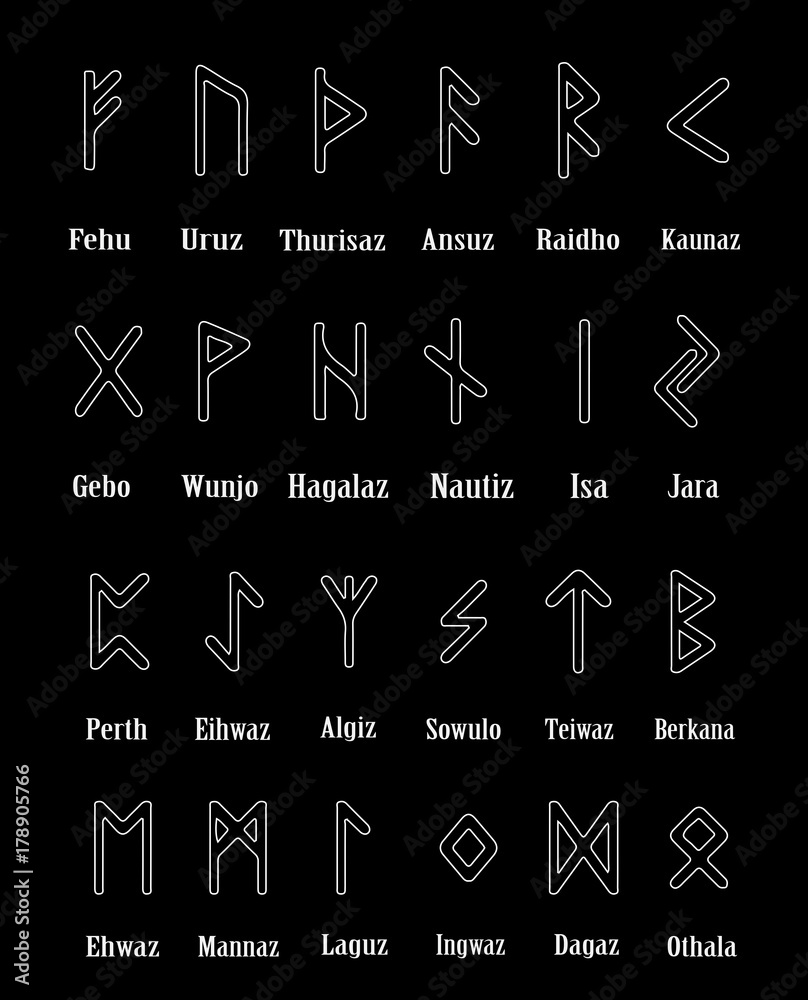 Rune set of outline letters on black background. Runic alphabet ...