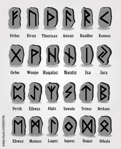 Set of old norse scandinavian runes carved in stone. Runic alphabet  futhark. Ancient occult symbols  germanic letters on white. Vector illustration.