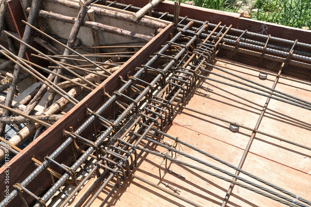 Steel rebar reinforcement in post tension slab concrete in civil construction site