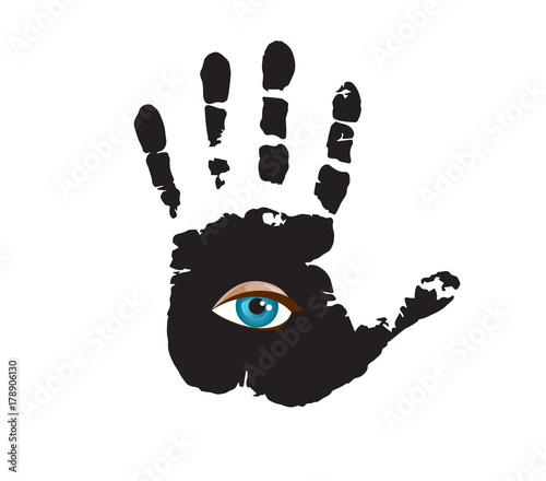 Black hand print with blue all seeing eye inside isolated on white background. Vector vintage illustration for tattoo template, magic alchemy spirituality zodiac symbol.