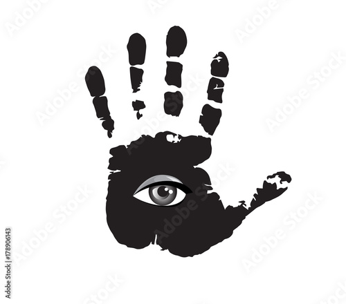 Black and white illustration of hand print with all seeing eye inside isolated on white background.