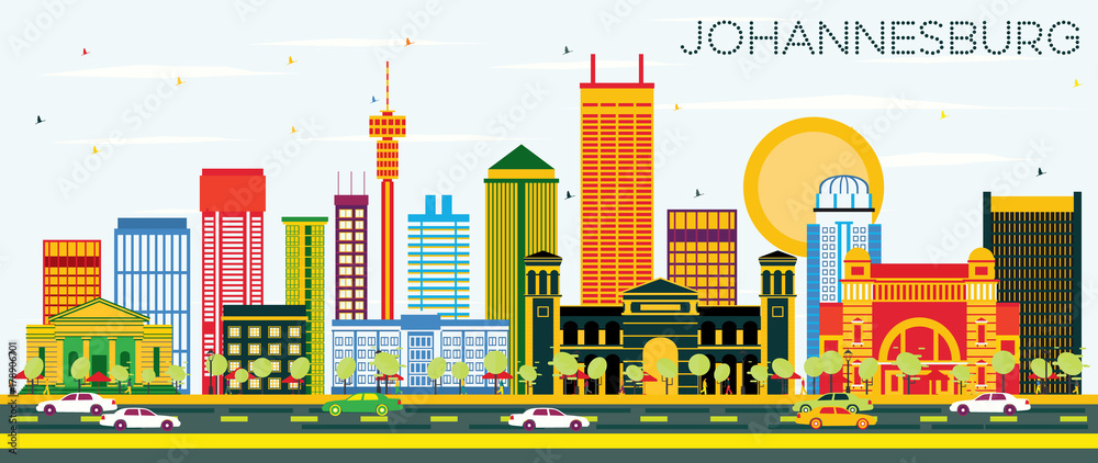 Fototapeta premium Johannesburg Skyline z kolorowymi budynkami i błękitnym niebem.