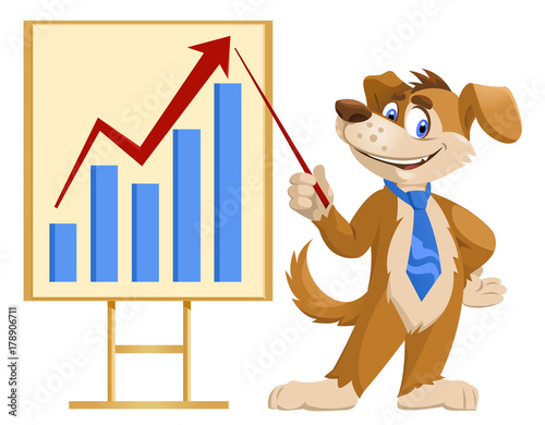 Growth chart. Funny cartoon dog in a tie making a presentation. Elements is grouped. No transparent objects. Isolated on white.
